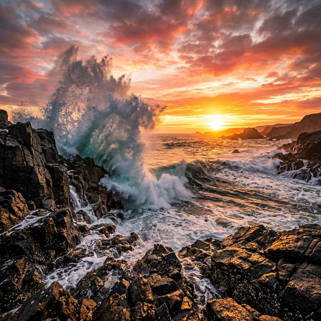 Ocean sunset crashing wave